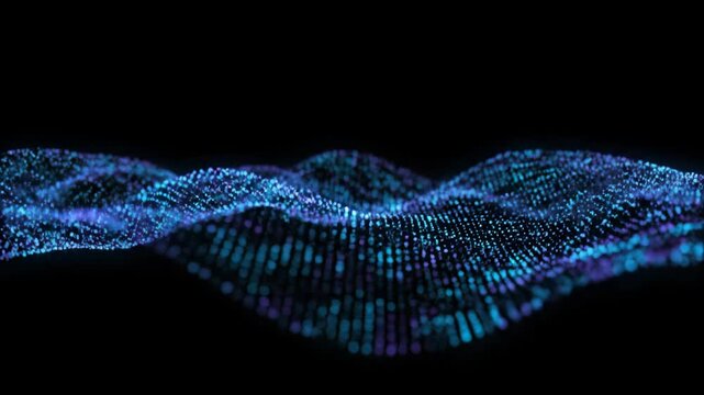 Abstract Visualization of a Glowing Blue Digital Wave Composed of Countless Small Particles Against a Black Background, Representing Data Flow or a Futuristic Network.