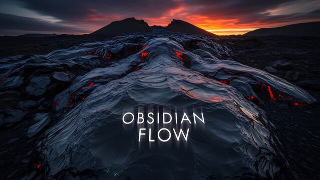 Lava rocks with molten lava flowing through them at sunset near a volcano mountain range with vibrant orange clouds in the sky  natural geological formation