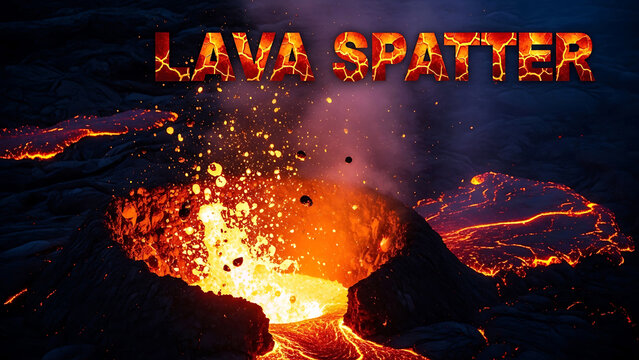 Molten lava eruption with glowing orange and yellow flames and sparks on dark rocky surface at night  intense geological activity scene