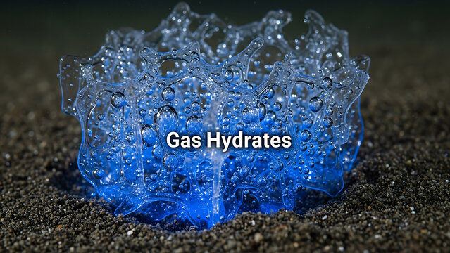 Blue gas hydrates crystals on dark soil ground  natural energy source  ice like structures  geological formation  earth sciences