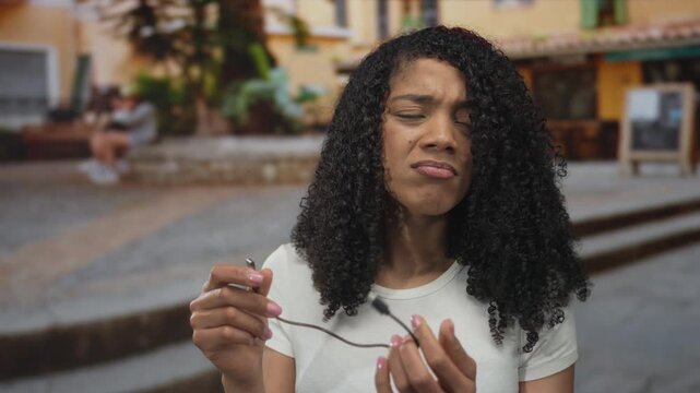 Woman with curly hair examines a frayed cable connector with puzzled frown while holding loose cord on city street; confusion.