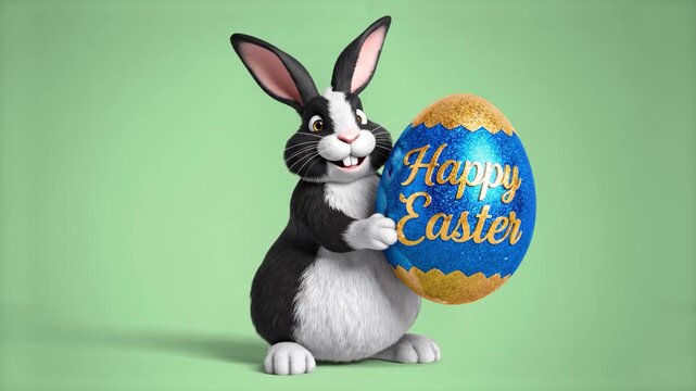A fluffy black and white 3D cartoon rabbit holds a large blue patterned egg with "Happy Easter" text against a soft green background. This character animation is ideal for spring holiday greetings and
