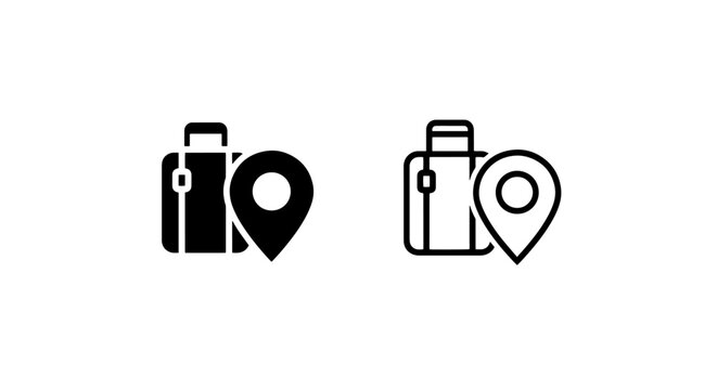 Travel destination and luggage location tracking icon with suitcase and map pin symbol