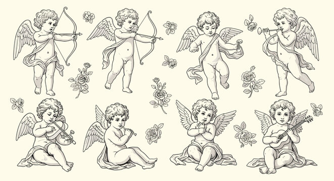 Vintage cherub angels vector set in engraved style with cupid poses bow flowers and decorative elements isolated on white background