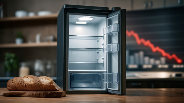 Empty Fridge and Economic Decline: This conceptual shot depicts an empty fridge juxtaposed against a downward-sloping graph, representing economic hardship and challenges.