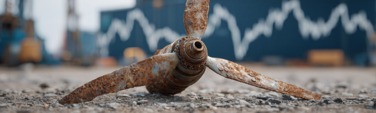Rusty Propeller: A close-up captures an aged, rusty propeller lying on a rugged surface, showcasing textures and shapes, hinting at maritime history or industrial remains.