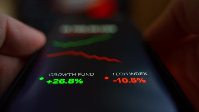 Growth fund rising and tech index falling on smartphone screen. Mobile app for market analysis