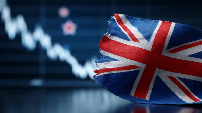 Decline and Fall: A tattered union jack flag symbolizes economic turmoil against a backdrop of financial indicators. reflecting challenges, uncertainties, and economic volatility.