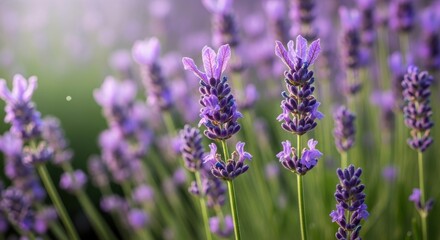 Obraz premium Close-up of vibrant purple lavender flowers blooming in a sunlit field, showcasing delicate petals and green stems, ideal for natural beauty and aromatherapy themes