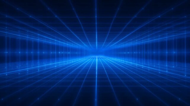 Bright blue light rays emanating from a central point against a dark background with a grid pattern and converging lines.