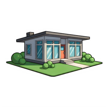 A cartoon house with a green lawn and bushes isolated on transparent background