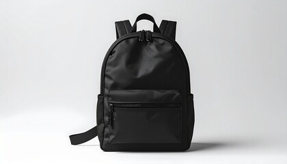 Fototapeta premium A black backpack is standing alone on a white surface in front of a white background