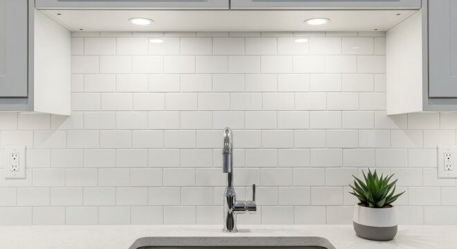 Clean white subway tile backsplash above a modern kitchen sink with chrome faucet and undercabinet lighting