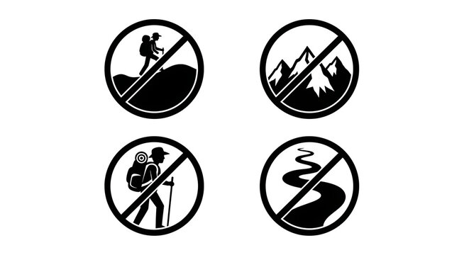 Vector graphic of four black no hiking signs on white background