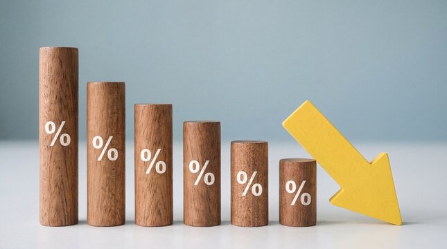 Wooden percentage graph with downward trend arrow