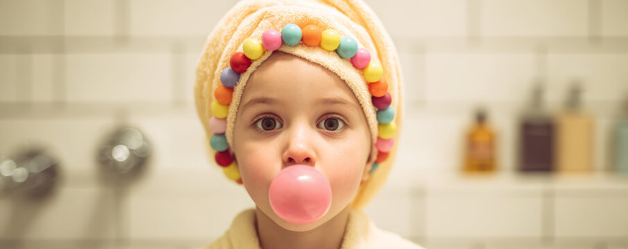 Child towel bathroom bubble gum playful colorful morning hygiene funny cute child blowing bubble gum bathroom wearing colorful towel after bath