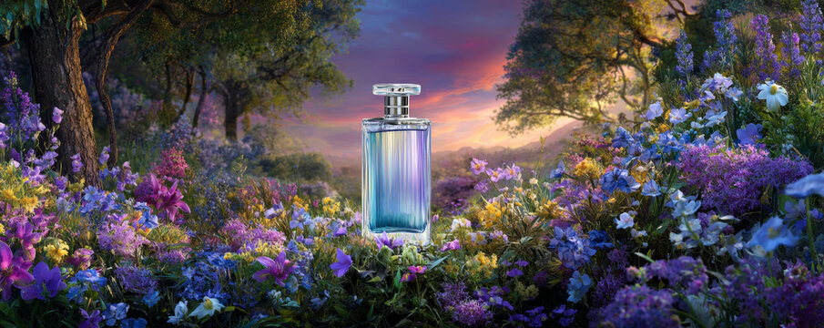 Perfume bottle floral meadow fantasy forest colorful flower sunset sky dream landscape magical garden fragrance romantic feminine perfume bottle