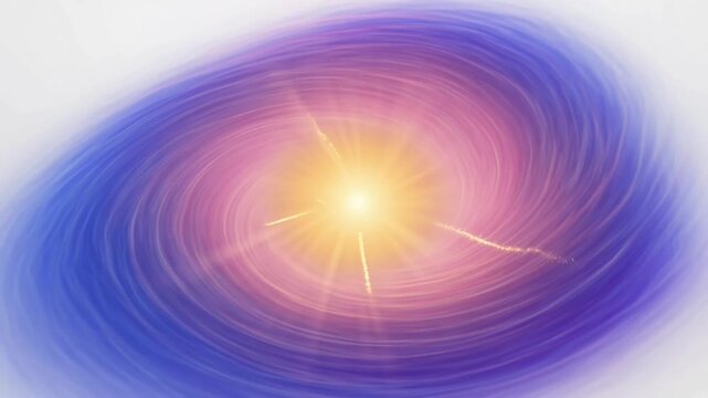 Vibrant abstract illustration of a bright yellow star or sunburst with swirling purple and pink rays against a white background.