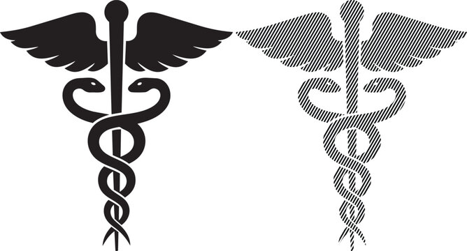 Comparison of traditional and modern caduceus medical symbols in black and white