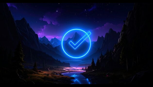 A serene mountain landscape at night with a glowing blue checkmark