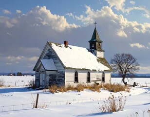 Fototapeta premium An aged, weathered church sits amidst a snowy landscape, a lone tree nearby under a cloudy sky. A simple fence appears in the foreground