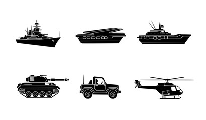Military vehicle icon pack vector set with battleship, aircraft carrier, tank, jeep, and helicopter © Sheikh