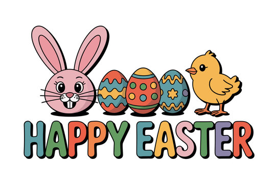 A colorful Easter graphic featuring a bunny, eggs, and a chick with the words 'Happy Easter'.