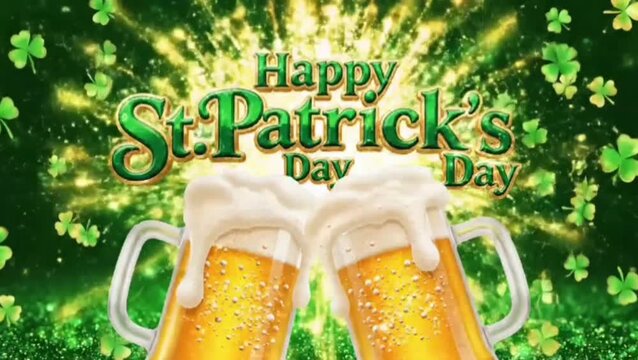 Animation of st patrick's day text, shamrock and glasses of beer on green background
