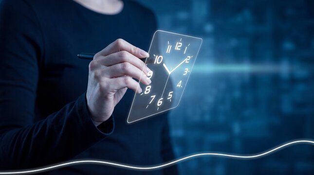 Woman interacting with virtual clock on digital screen at 10 o'clock