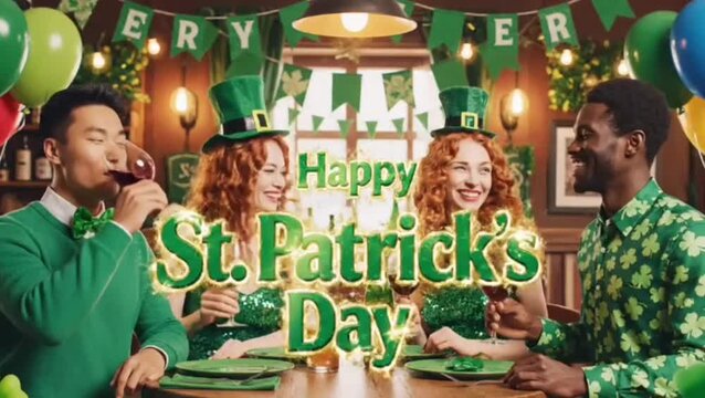Animation of happy st patrick's day text with clover leaves over friends celebrating with wine
