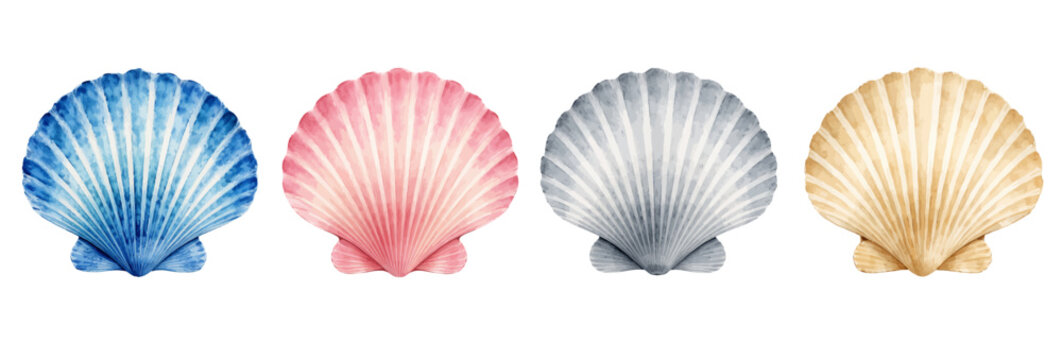 A watercolor vector of colorful scallop sea shells set for coastal decor, marine design and summer themed projects.