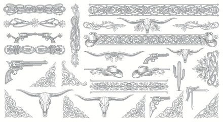 Western Decorative Elements: Cowboy Hats, Longhorn Skulls, Revolvers, Cactus © Danang