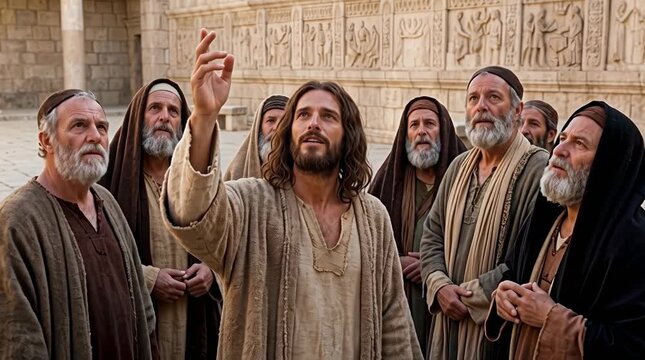 Jesus gently pointing upward explaining his glory comes from God to attentive Jews