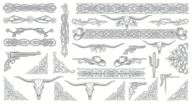 Western Decorative Elements: Cowboy Hats, Longhorn Skulls, Revolvers, Cactus
