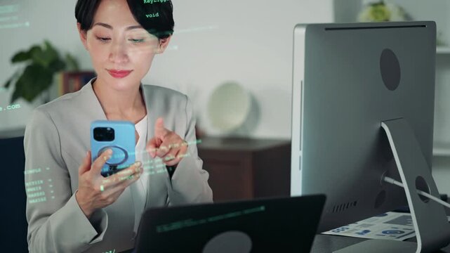 スマホとパソコンを使う女性とデジタルテクノロジーのコンセプトイメージ