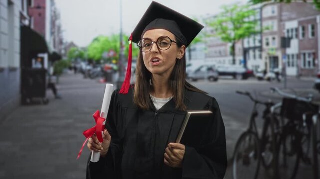 Woman in graduation gown holds diploma and book on street, face puckered in playful kissy pose; pride achievement celebration.