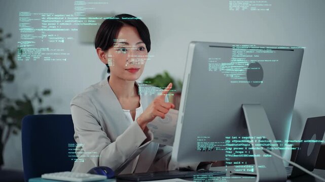 オフィスでパソコンを使う女性とデジタルテクノロジーのコンセプトイメージ