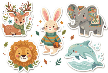 Naklejka premium Set of Cute Animal Stickers Featuring a Floral Deer, Rabbit in Sweater, Boho Elephant, Lion Head, and Dolphin Vector Illustrations for Kids Designs