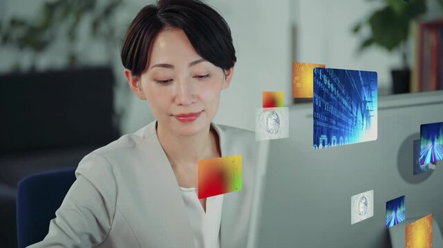 オフィスでパソコンを使う女性と映像データのコンセプトイメージ