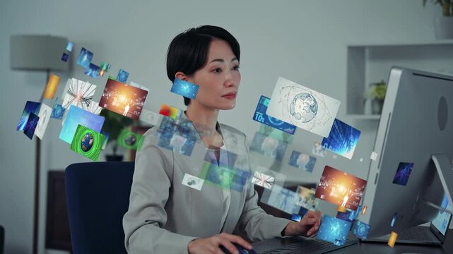 オフィスでパソコンを使う女性と映像データのコンセプトイメージ