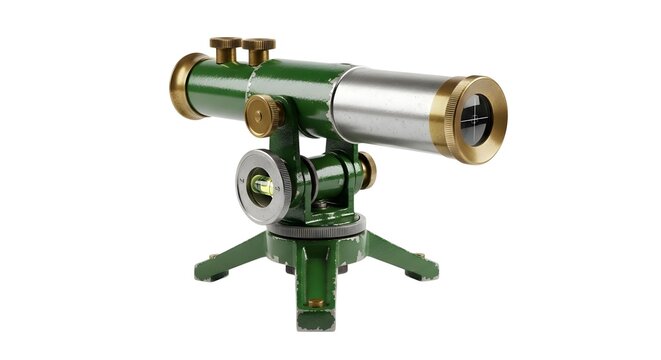 Vintage style green and brass dumpy level with tripod for surveying