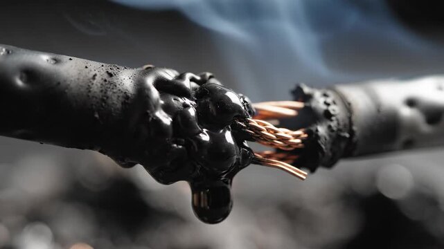 Melting cable with smoke and dripping liquid: dynamic movement in slow motion