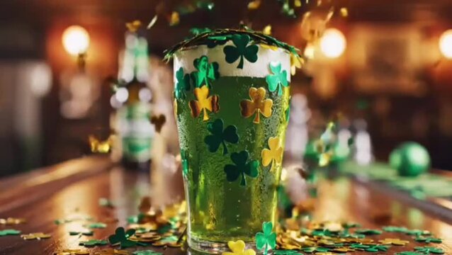 Shamrock confetti falling beside pint of green beer
