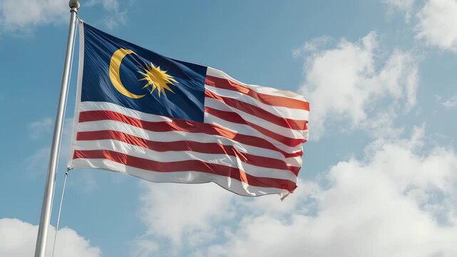 The Malaysian flag, with its iconic stripes and crescent moon, waves proudly on a flagpole against a vibrant blue sky with scattered white clouds, symbolizing national pride and freedom