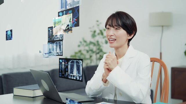 カメラ目線で話す白衣の女性と医療テクノロジーのコンセプトイメージ
