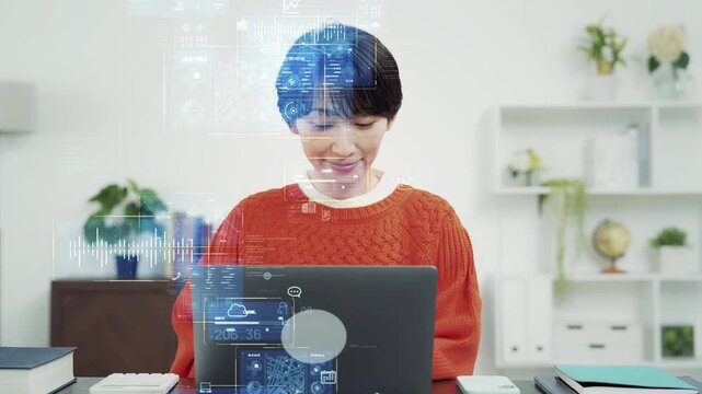 ノートパソコンを使う女性とデジタルテクノロジーのコンセプトイメージ