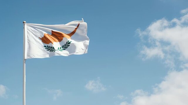 The flag of Cyprus, depicting a copper-colored map of the island and two olive branches, waves proudly against a bright blue sky with scattered white clouds, symbolizing national pride