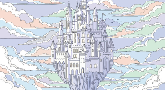 A majestic fantasy castle with numerous spires and turrets floats gracefully in a whimsical sky filled with soft pastel clouds.