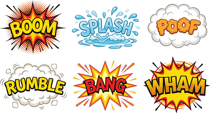 Comic sound effects set with boom splash poof rumble bang wham colorful pop art explosion text bubbles illustration collection
