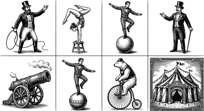 Vintage circus engraving set featuring ringmaster acrobat strongman cannon bear bicycle and tent illustrations in classic black and white style